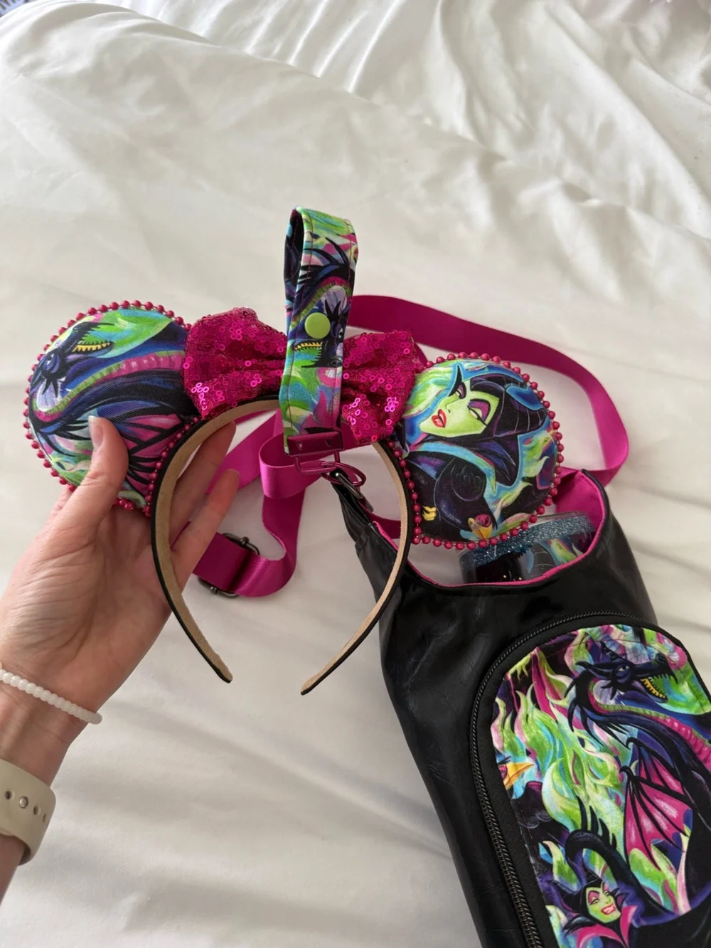 Disney Maleficent Neon Dragon Crossbody Water Bottle Bag and Ear Headband Set